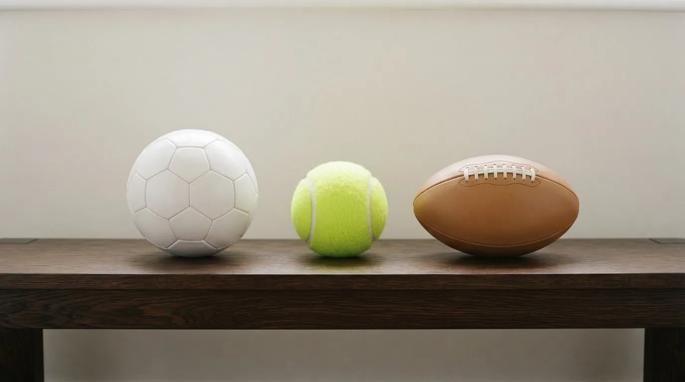 Drie ballen van verschillende soorten naast elkaar op een houten bank