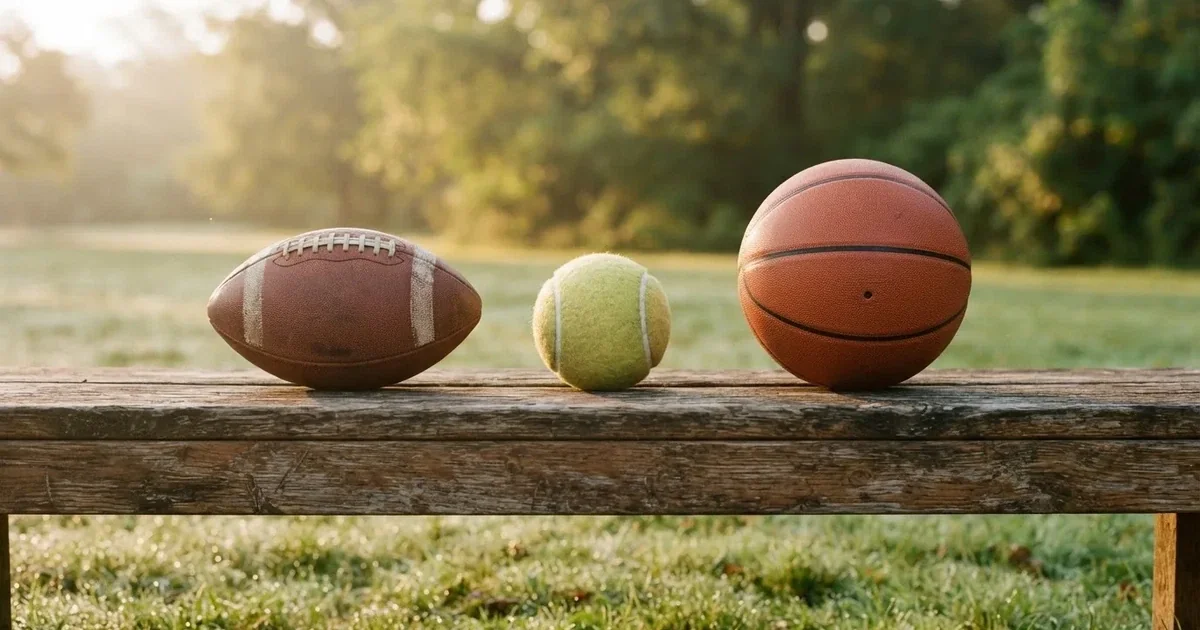 Drie ballen van verschillende soorten naast elkaar op een houten bank